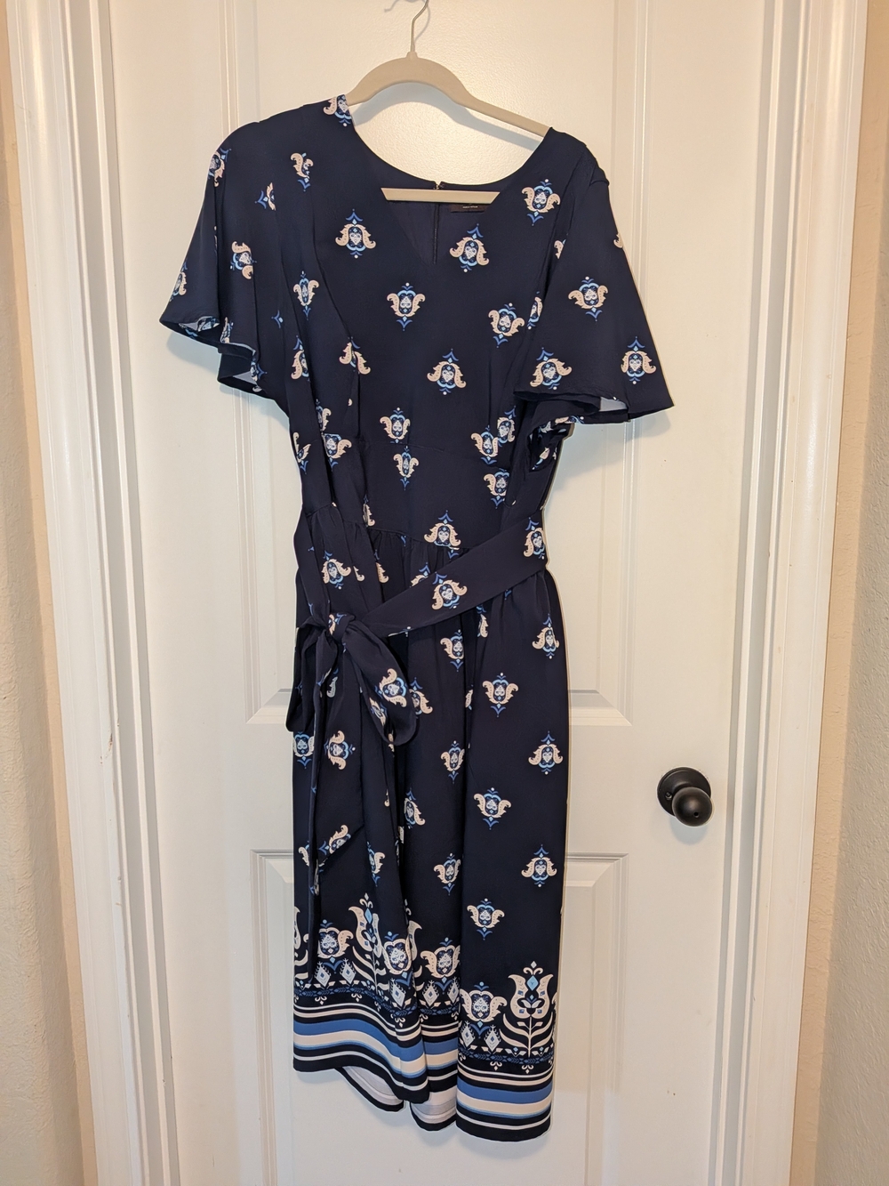 Lane Bryant Navy Floral Border Tie-Waist Midi Dress